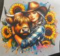 Highland Cowgirl with Sunflowers