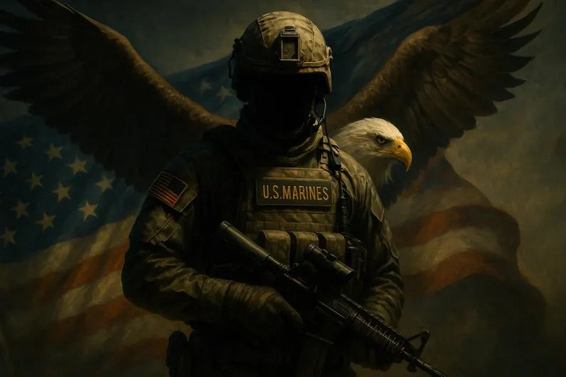 Soldier in front of Eagle and Flag